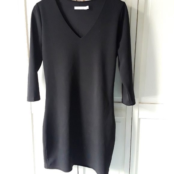 Black Stretch Bodycon 3/4 Sleeve Dress Sz L - Picture 1 of 8